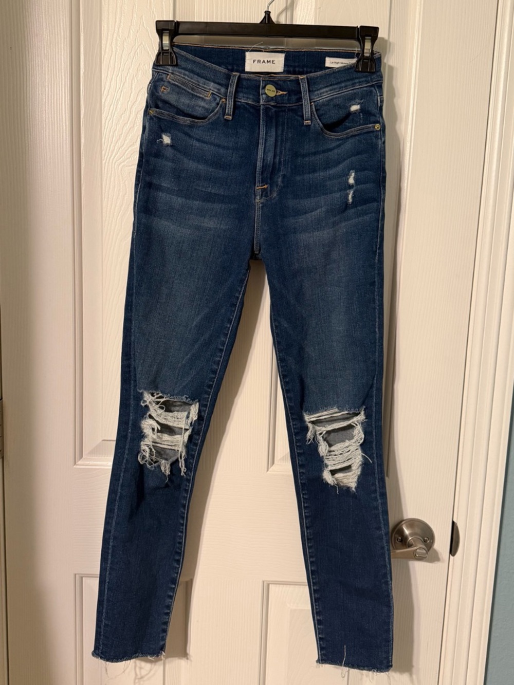 Frame Denim Dark Wash Ripped Skinny Jeans